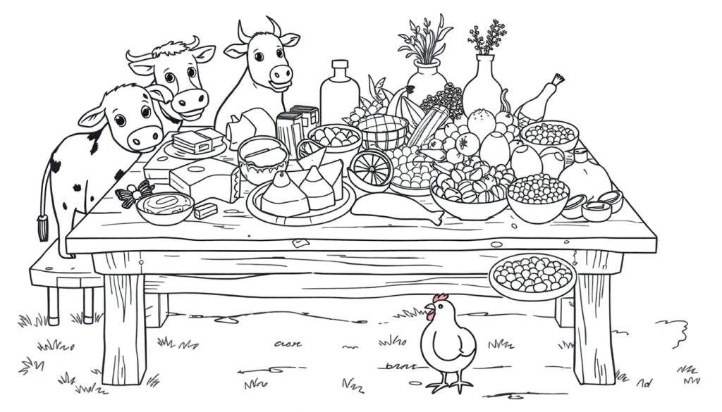 Kleurplaat van een tafel vol eten met koeien en een kip.