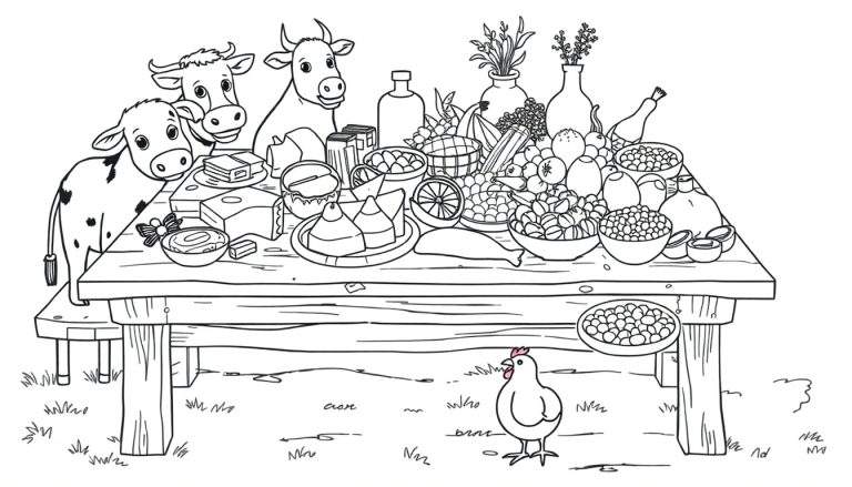 Kleurplaat van een tafel vol eten met koeien en een kip.