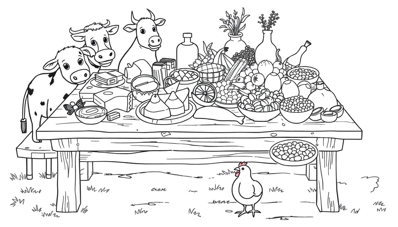 Kleurplaat van een tafel vol eten met koeien en een kip.