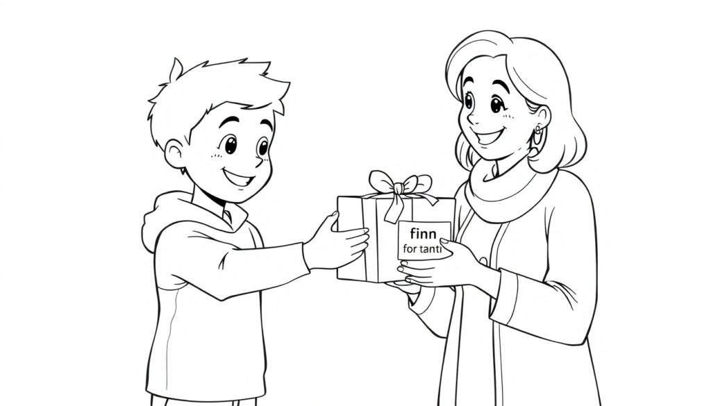 Kleurplaat van een jongen die een cadeau geeft aan zijn tante, met de tekst 'Finn for tanti'.