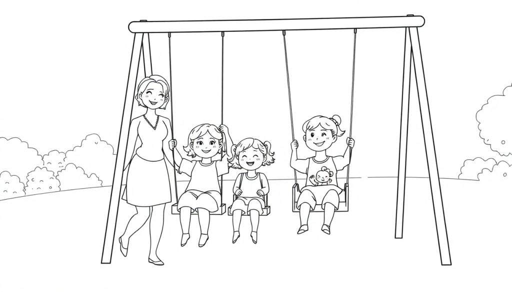 Kleurplaat van een tante die haar drie nichtjes schommelt in een park.