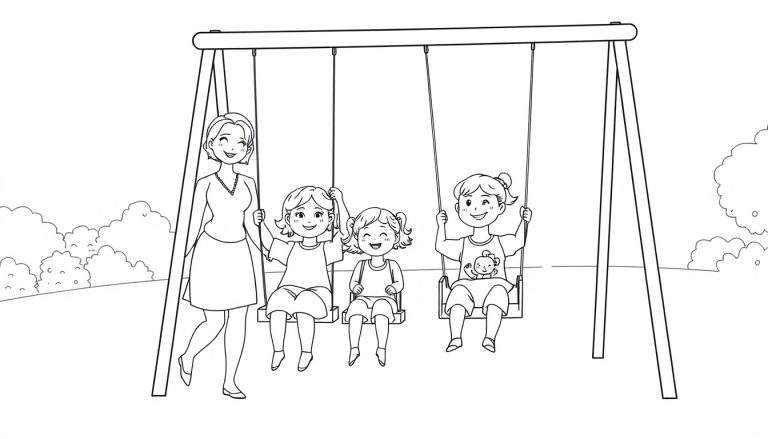 Kleurplaat van een tante die haar drie nichtjes schommelt in een park.