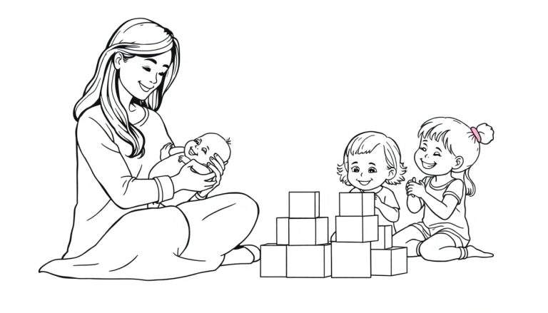 Kleurplaat van een jonge vrouw met drie kinderen, die op de grond spelen met bouwstenen en een baby vasthoudt.