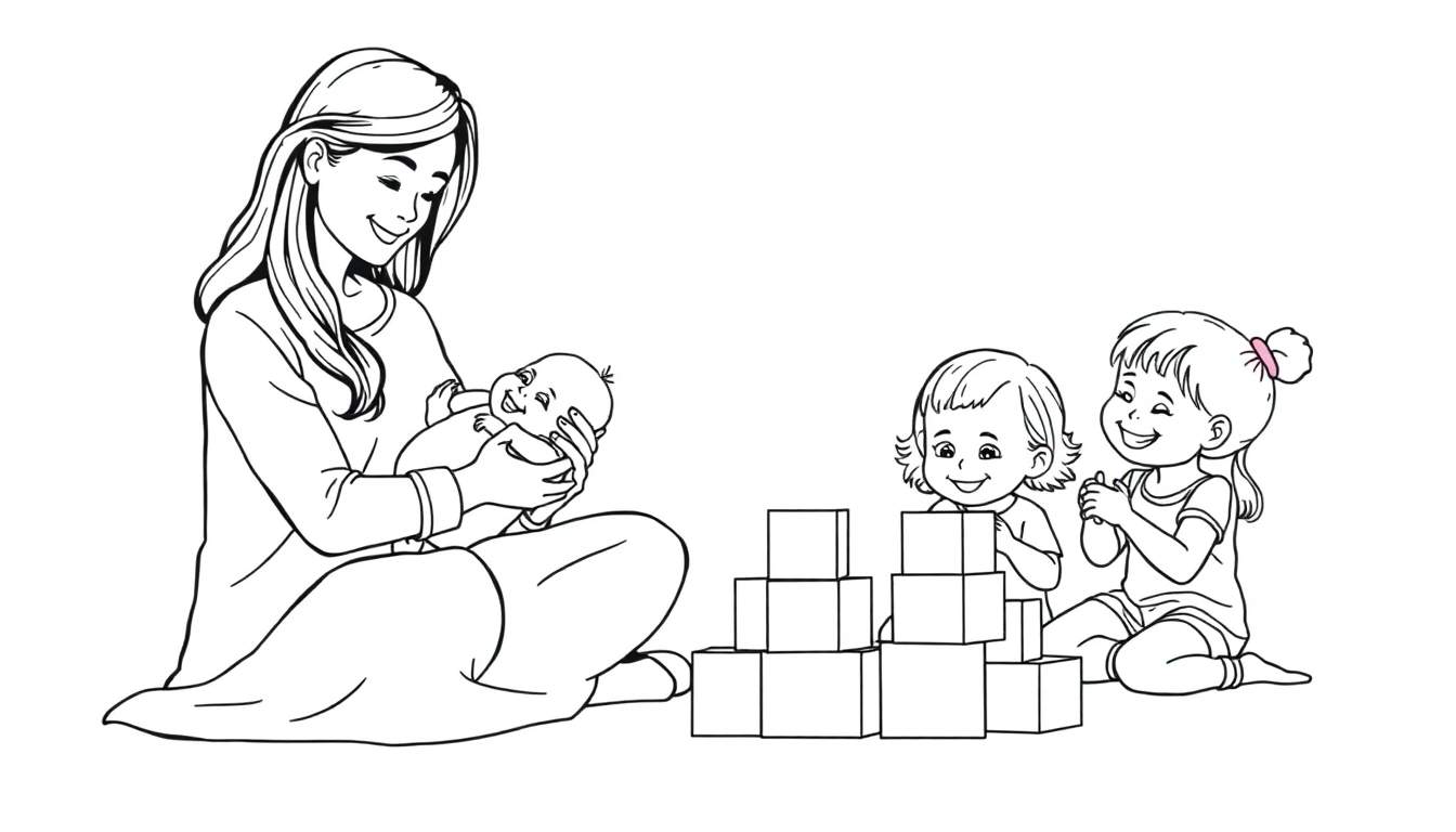Kleurplaat van een jonge vrouw met drie kinderen, die op de grond spelen met bouwstenen en een baby vasthoudt.