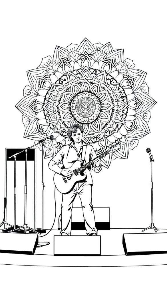 Kleurplaat van een gitarist op een podium met een mandala als achtergrond.