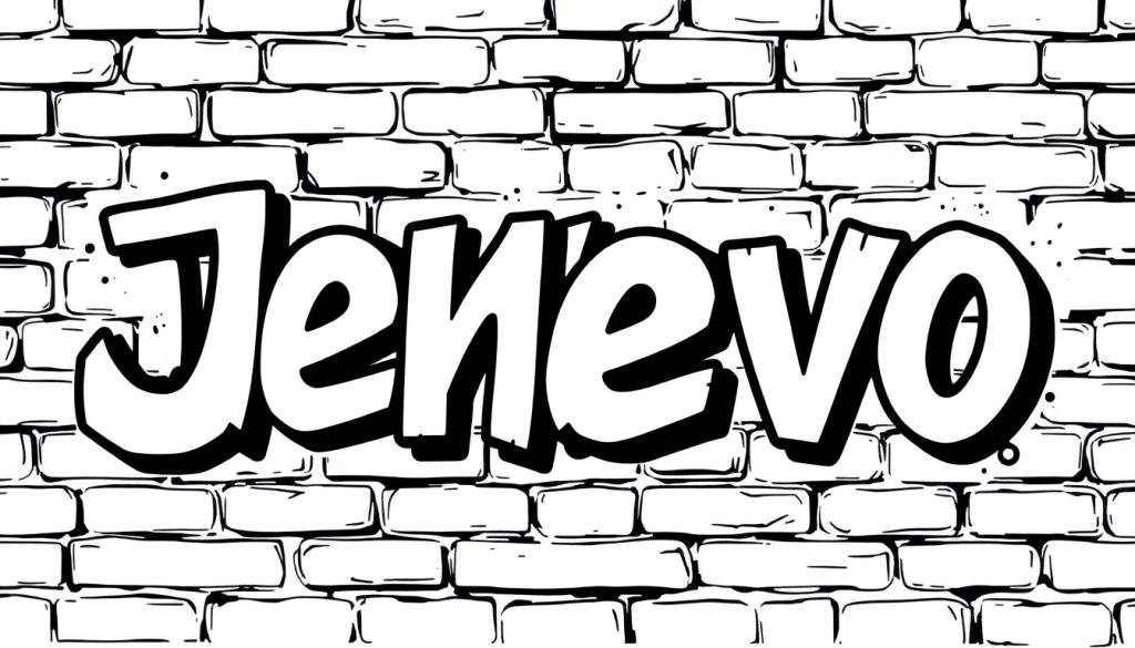 Kleurplaat van de naam Jenevo in graffiti-stijl op een bakstenen muur.