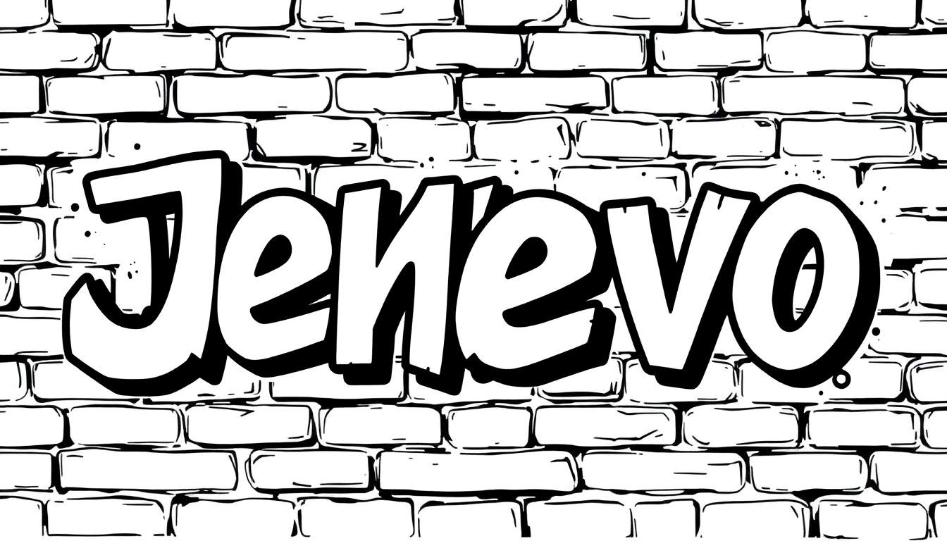 Kleurplaat van de naam Jenevo in graffiti-stijl op een bakstenen muur.