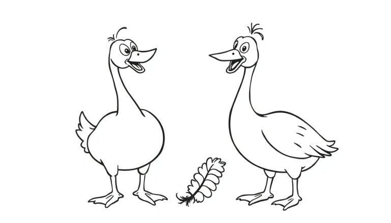 Kleurplaat van twee lachende ganzen bij een veer.