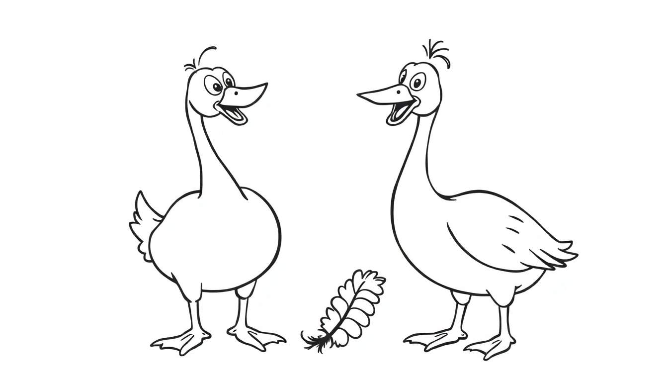 Kleurplaat van twee lachende ganzen bij een veer.