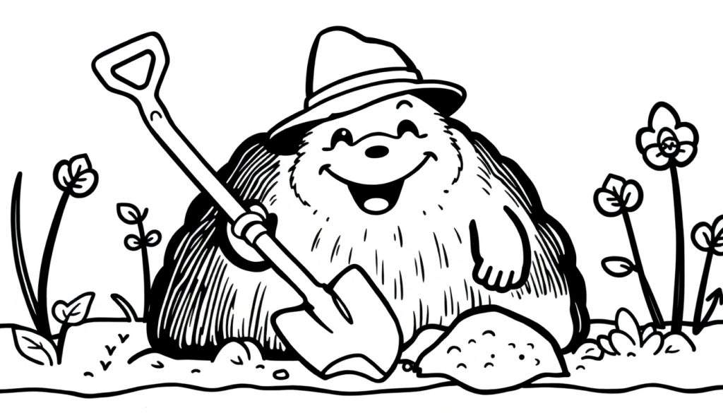 Een vrolijke mol met hoed en schop, klaar om te tuinieren, voor een kleurplaat.