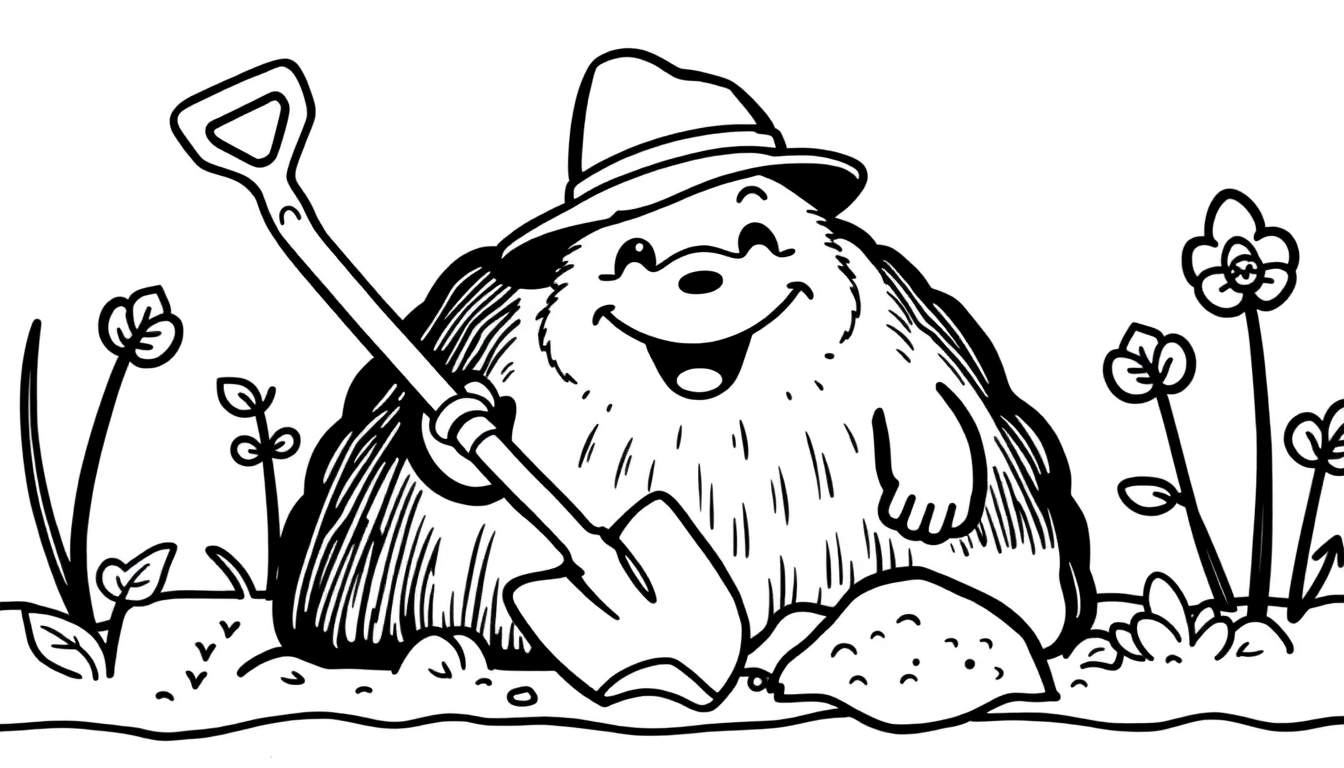 Een vrolijke mol met hoed en schop, klaar om te tuinieren, voor een kleurplaat.