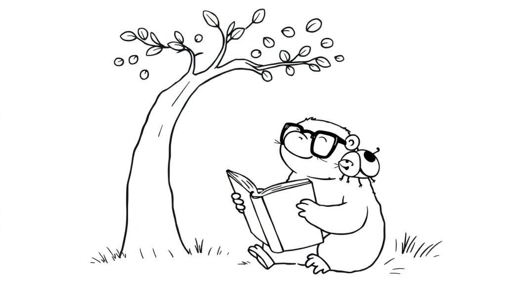 Een grappige mol met een bril leest een boek onder een boom, met een lieveheersbeestje op zijn schouder. Kleurplaat.