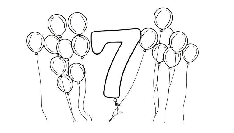 Kleurplaat van een grote '7' omringd door ballonnen, een lijntekening om in te kleuren.