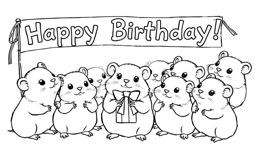 Een kleurplaat van schattige hamsters die een verjaardag vieren.