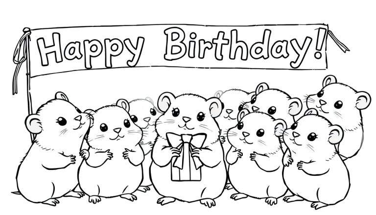 Een kleurplaat van schattige hamsters die een verjaardag vieren.