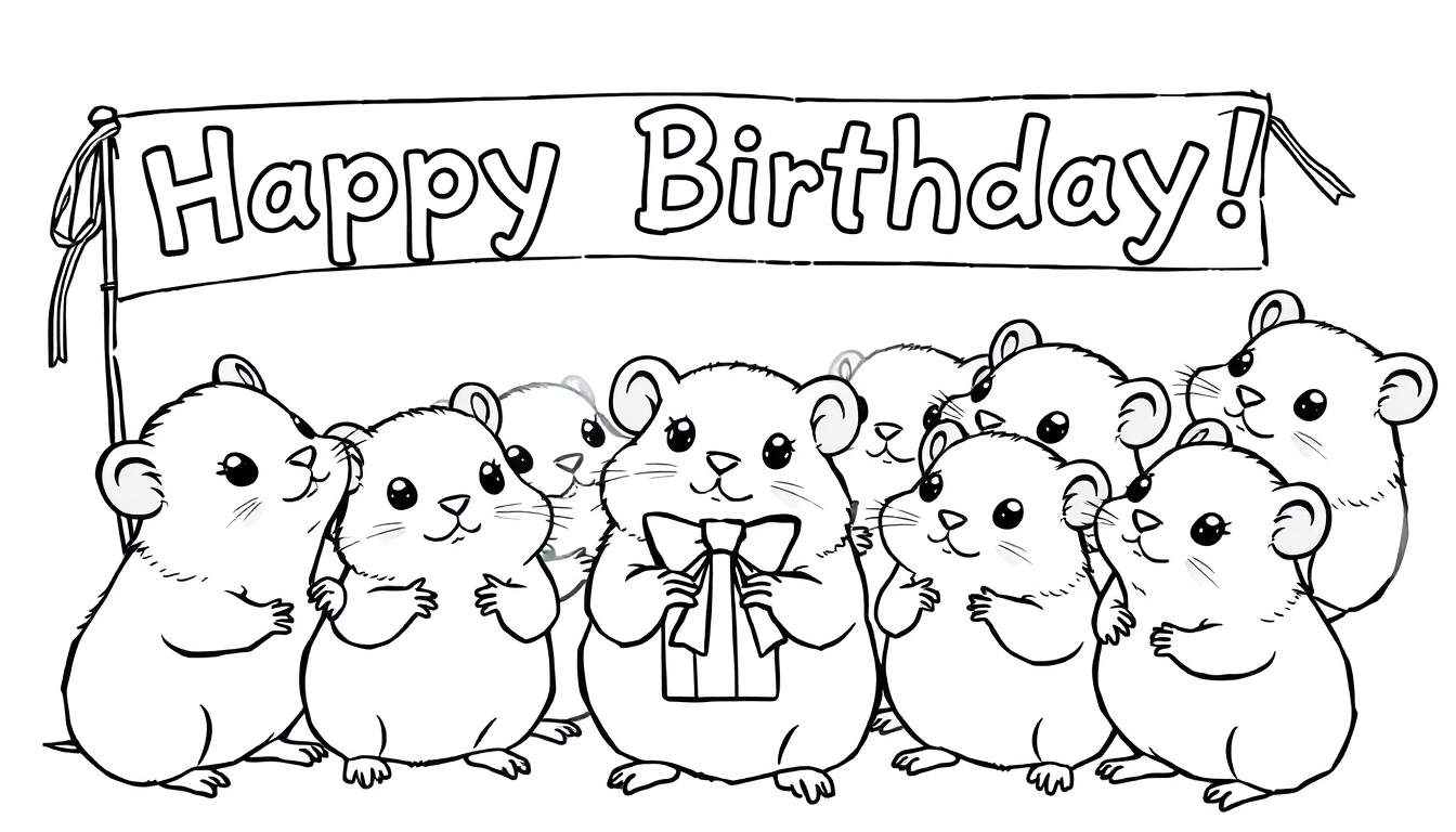 Een kleurplaat van schattige hamsters die een verjaardag vieren.