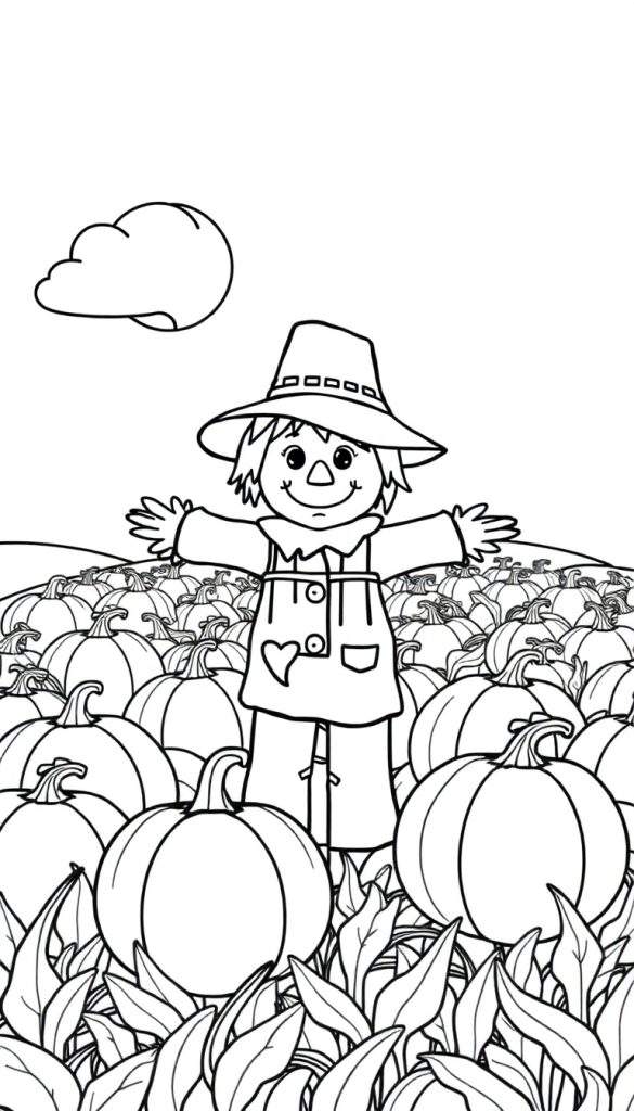 Kleurplaat van een vrolijke vogelverschrikker met pompoenen.