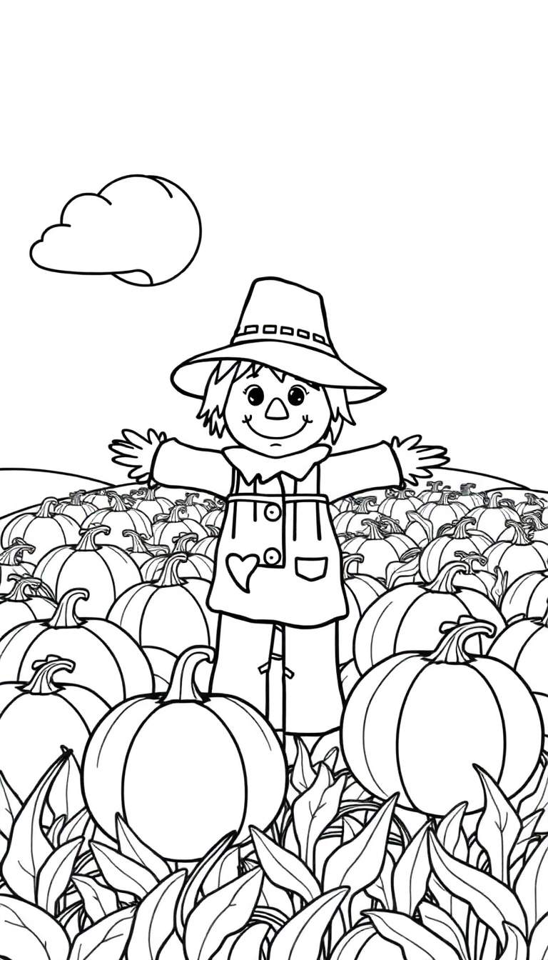 Kleurplaat van een vrolijke vogelverschrikker met pompoenen.