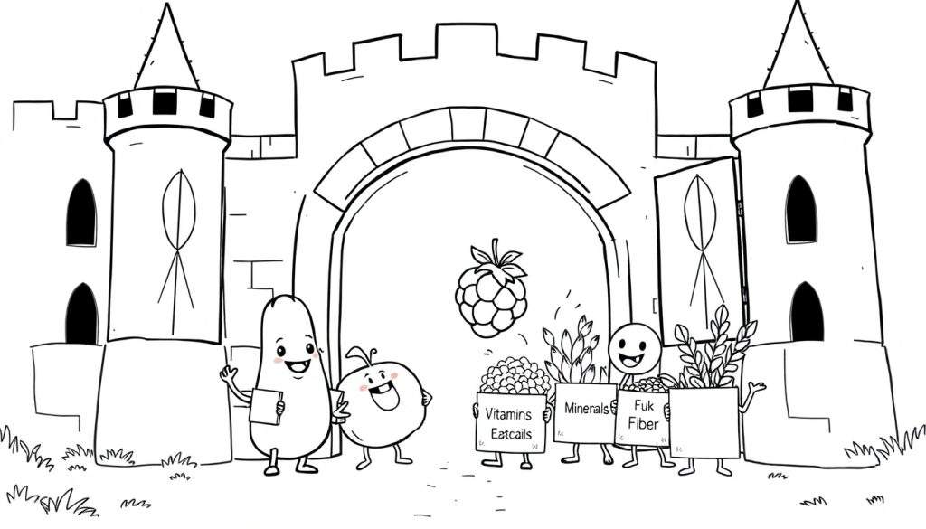 Zwart-wit kleurplaat van een kasteelpoort met lachende vruchten en figuren die voedingsstoffen dragen.