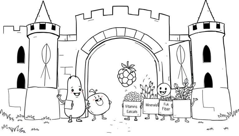Zwart-wit kleurplaat van een kasteelpoort met lachende vruchten en figuren die voedingsstoffen dragen.