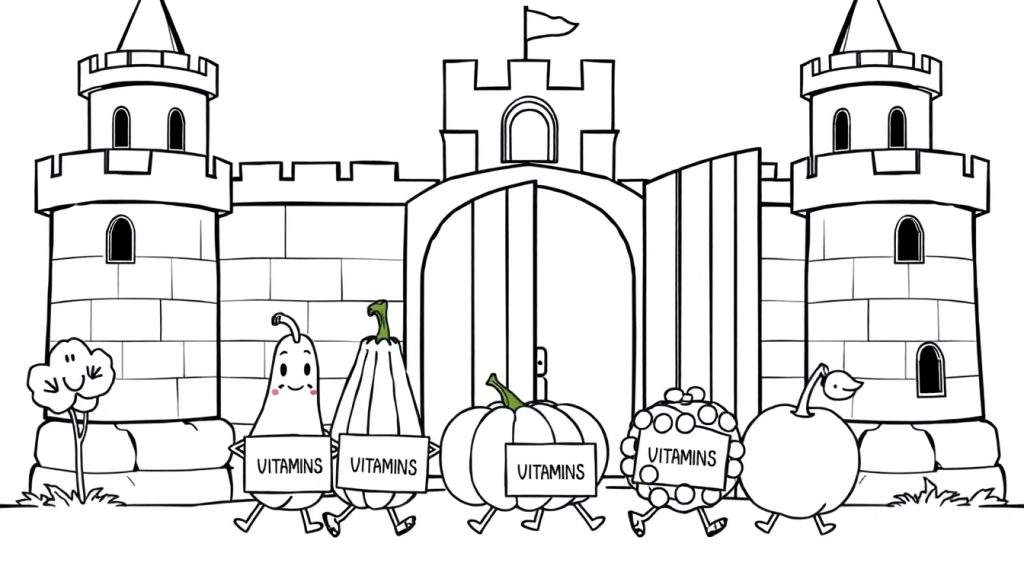 Kleurplaat van een vrolijk kasteel met geanimeerde groenten en fruit die 'Vitamines' dragen.
