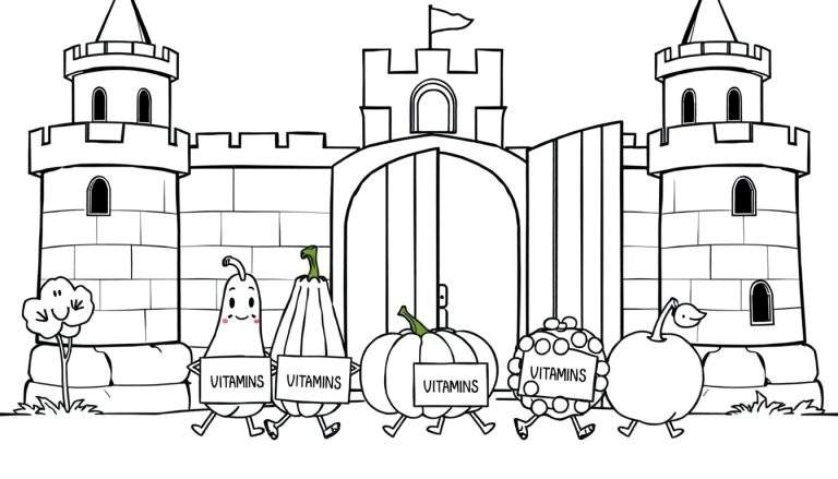 Kleurplaat van een vrolijk kasteel met geanimeerde groenten en fruit die 'Vitamines' dragen.