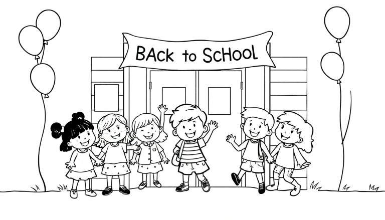 Kleurplaat van kinderen die blij terug naar school gaan, met ballonnen en een schoolbanner.