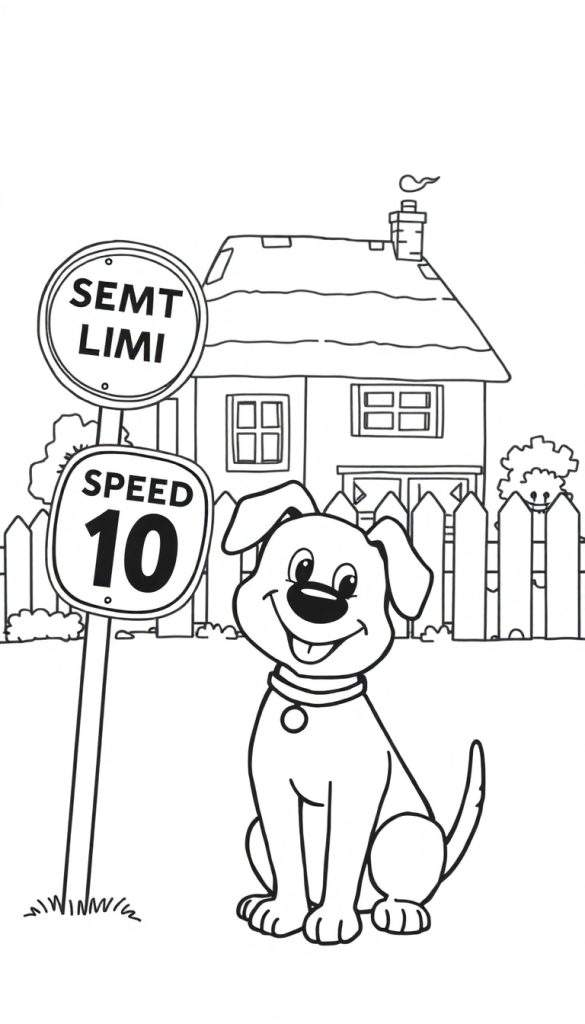Kleurplaat van een vrolijke hond bij verkeersborden