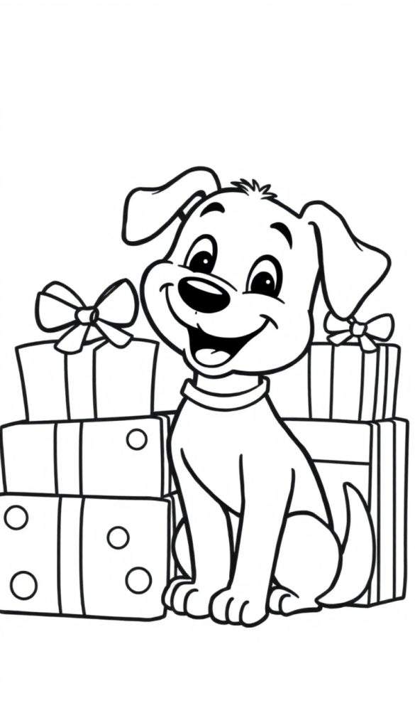 Een schattige tekening van een hond die feestviert met cadeaus, een kleurplaat.