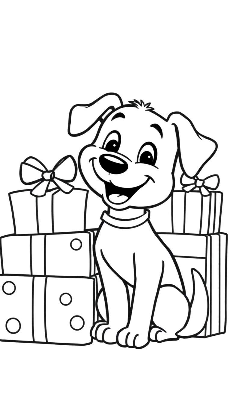Een schattige tekening van een hond die feestviert met cadeaus, een kleurplaat.
