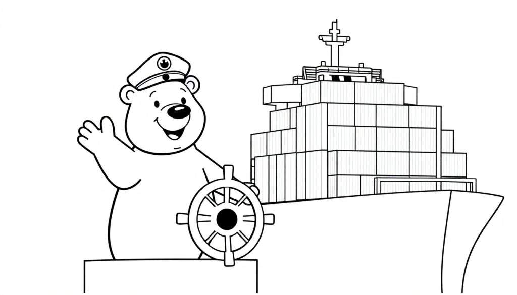 Een cartoon ijsbeer als kapitein op een containerschip, klaar om te kleuren.