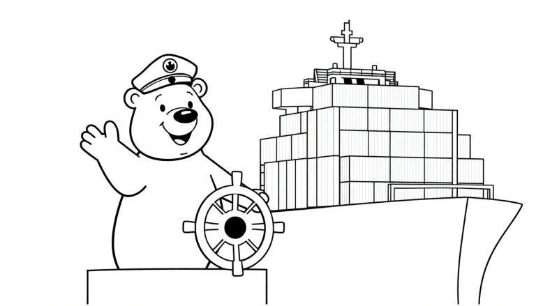 Een cartoon ijsbeer als kapitein op een containerschip, klaar om te kleuren.