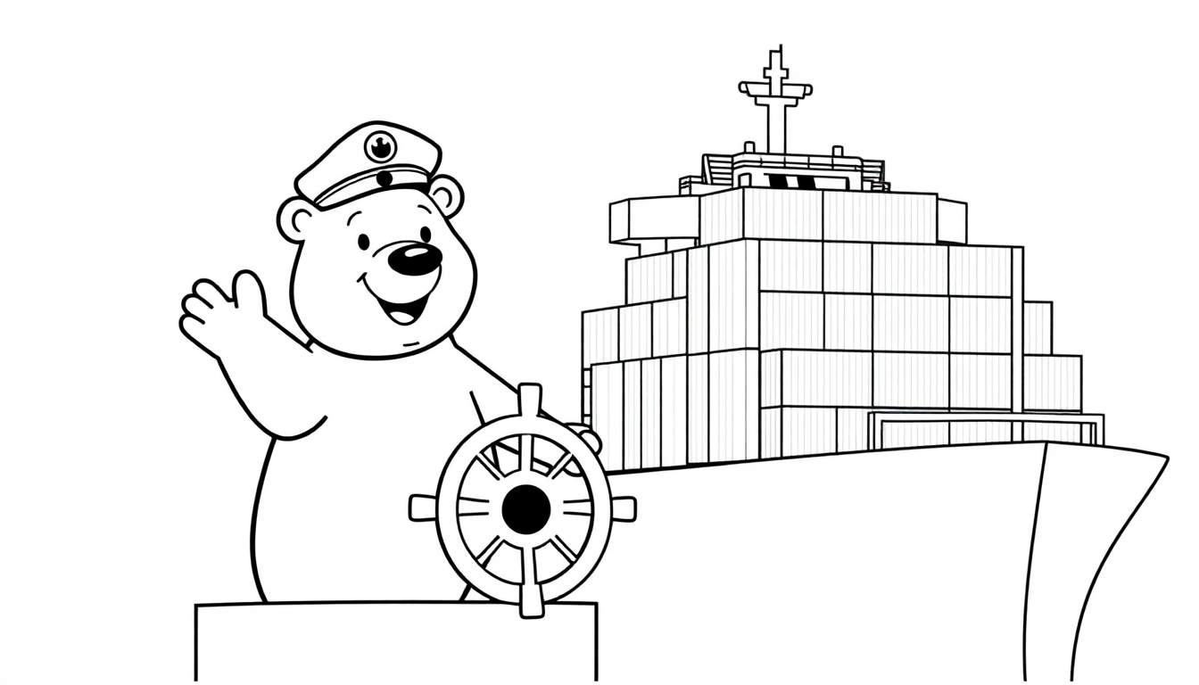 Een cartoon ijsbeer als kapitein op een containerschip, klaar om te kleuren.