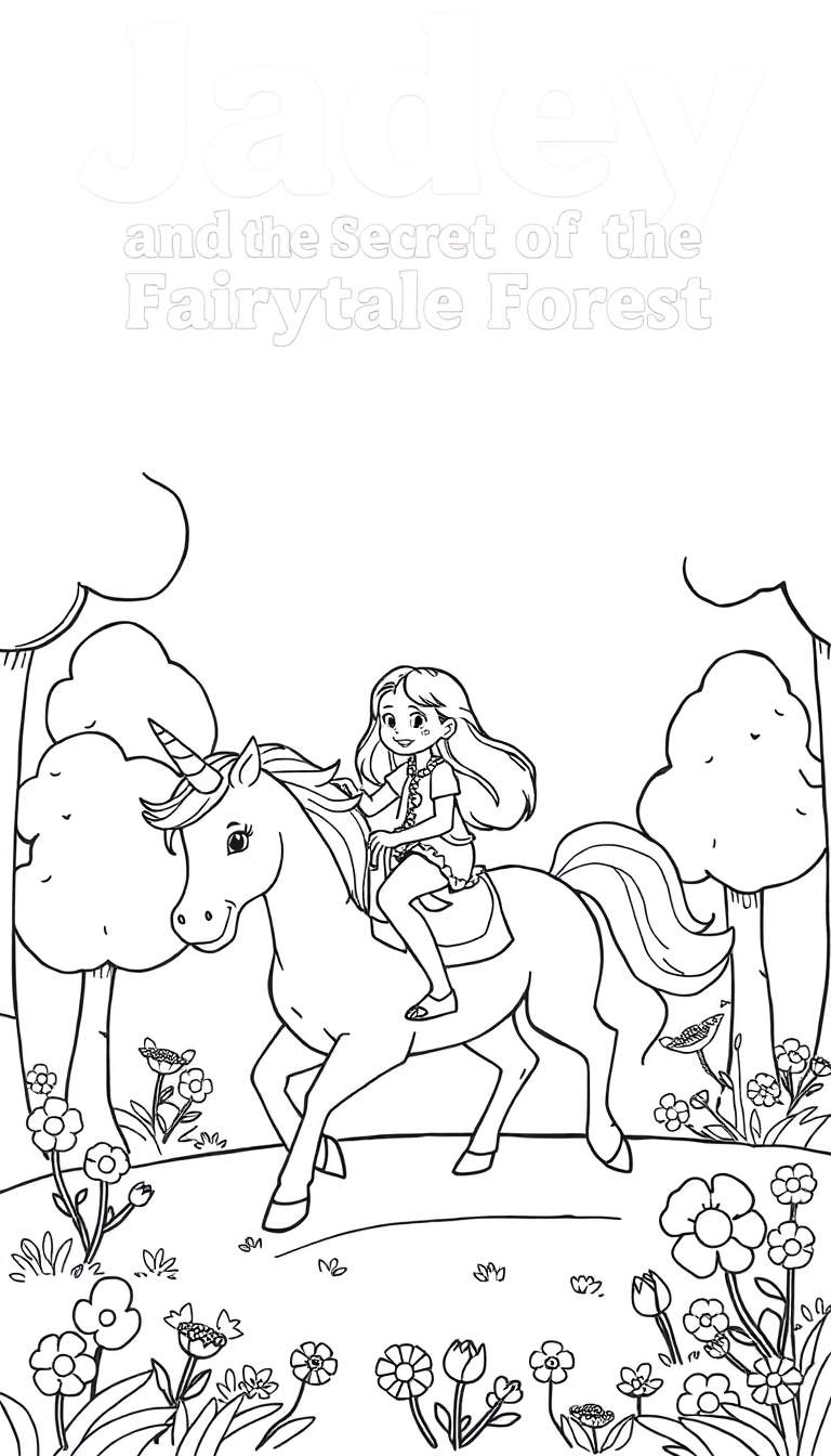 Kleurplaat van Jadey op een eenhoorn in een sprookjesbos.