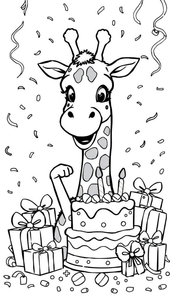 Zwart-witte kleurplaat van een blije giraffe op een verjaardagsfeest met taart en cadeaus.