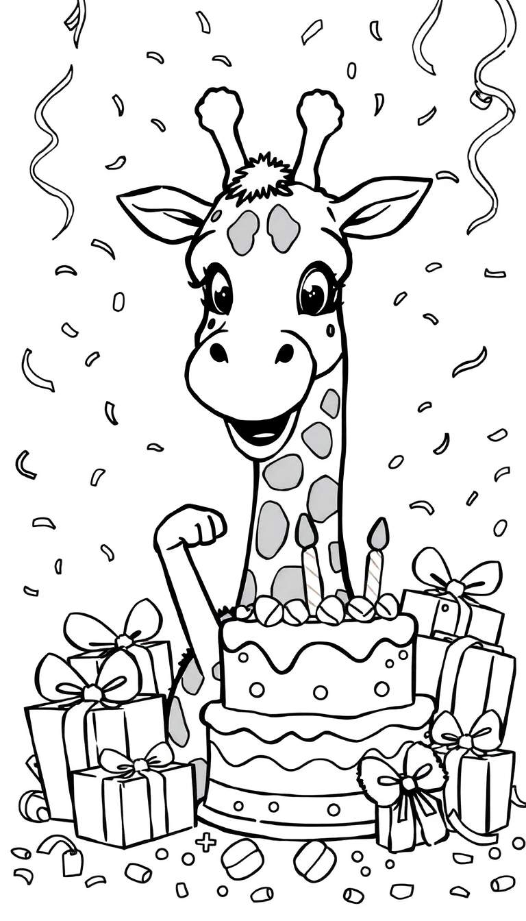 Zwart-witte kleurplaat van een blije giraffe op een verjaardagsfeest met taart en cadeaus.