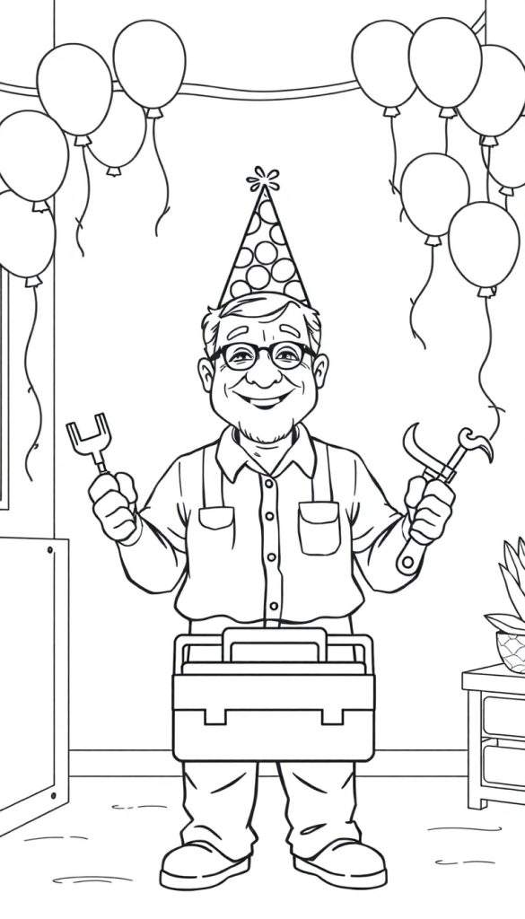 Kleurplaat van een feestelijke opa met een verjaardagshoed en gereedschap.