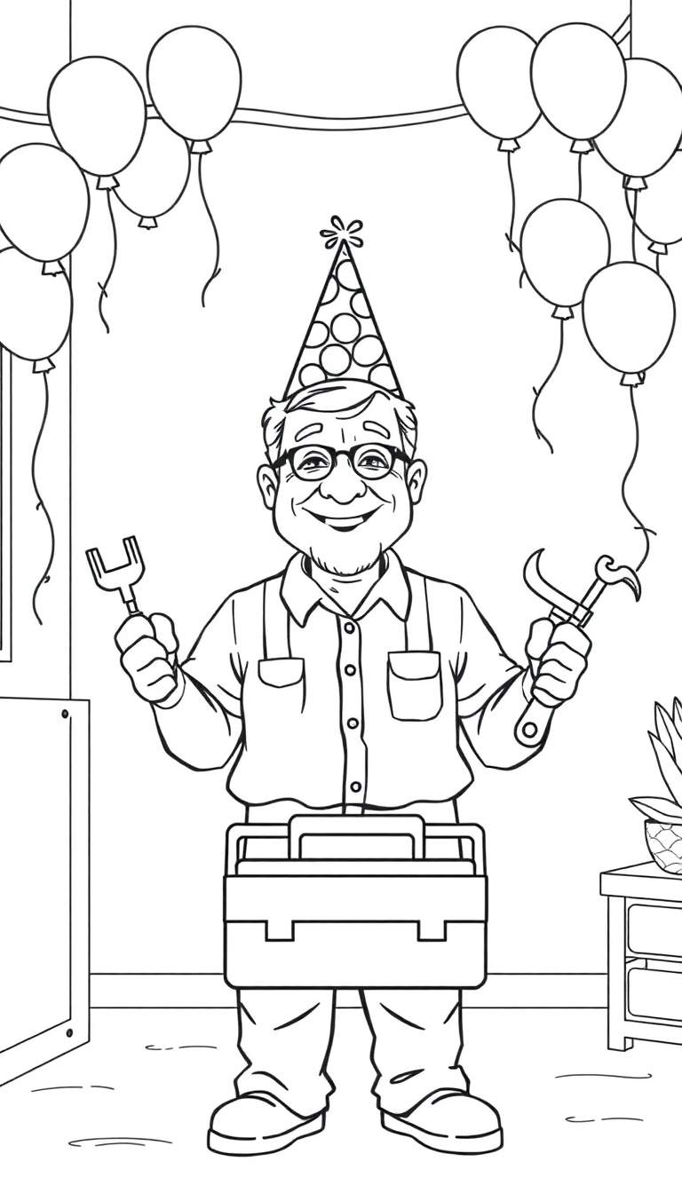 Kleurplaat van een feestelijke opa met een verjaardagshoed en gereedschap.