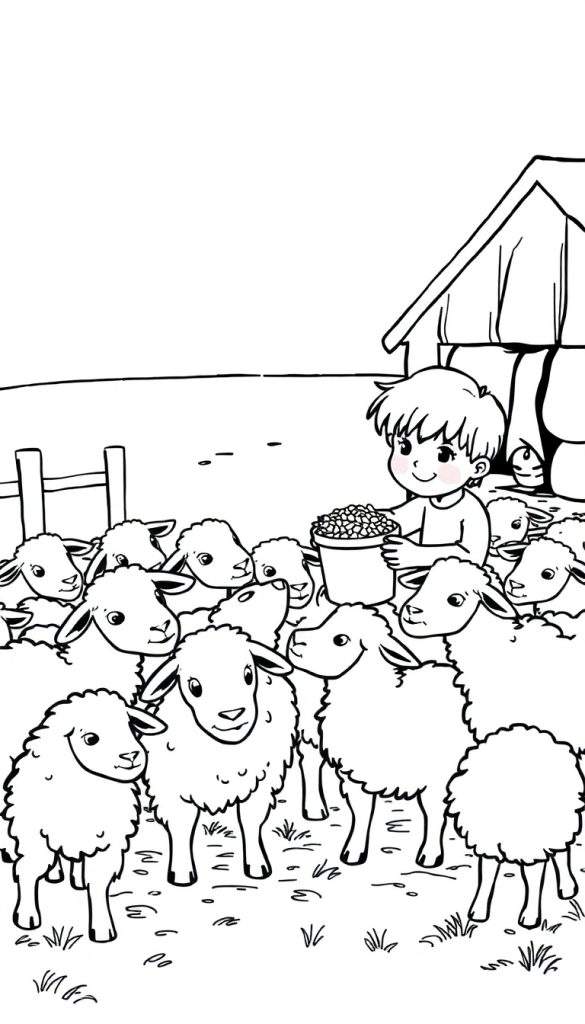 Zwart-wit kleurplaat van een jongen met een emmer die schapen voert.