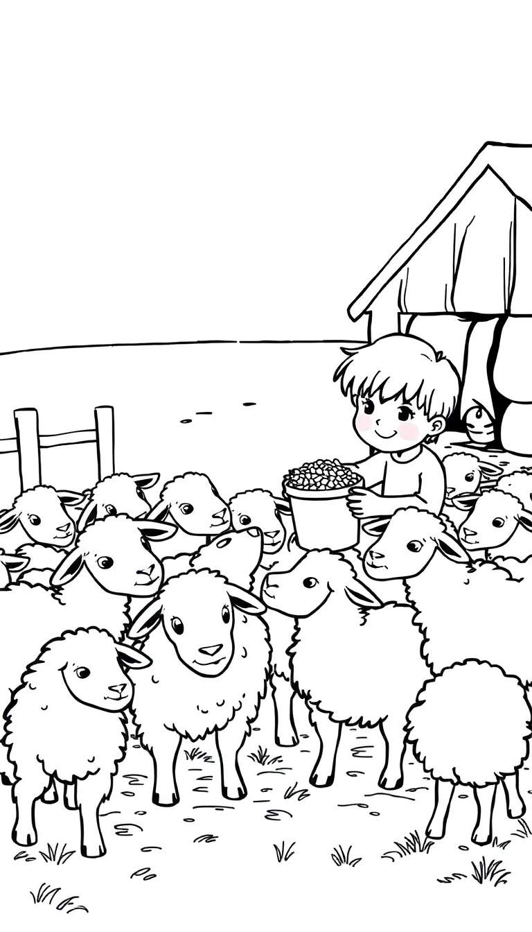 Zwart-wit kleurplaat van een jongen met een emmer die schapen voert.