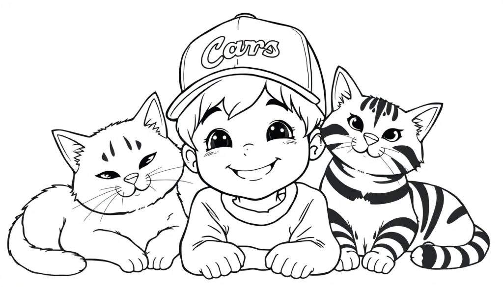 Kleurplaat van een jongen met een Cars pet en twee katten.
