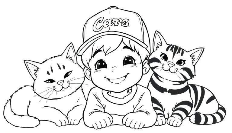 Kleurplaat van een jongen met een Cars pet en twee katten.
