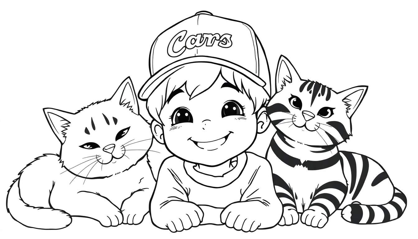 Kleurplaat van een jongen met een Cars pet en twee katten.