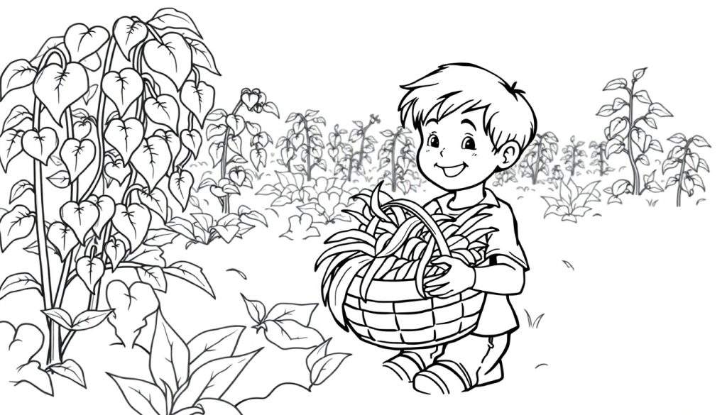 Kleurplaat van een lachende jongen met een mand vol groenten in een tuin.
