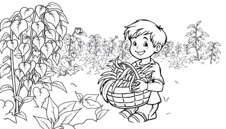 Kleurplaat van een lachende jongen met een mand vol groenten in een tuin.