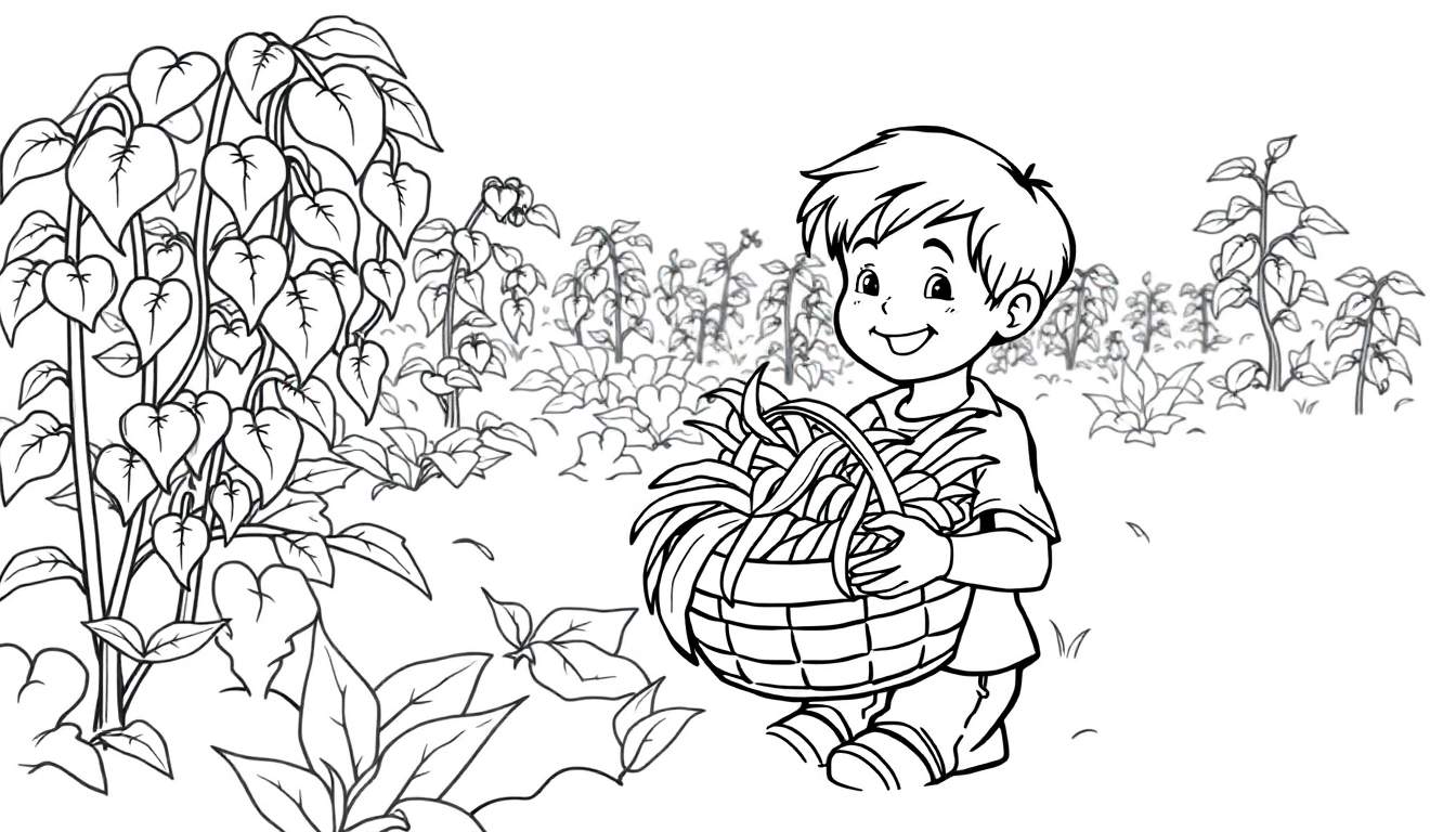 Kleurplaat van een lachende jongen met een mand vol groenten in een tuin.