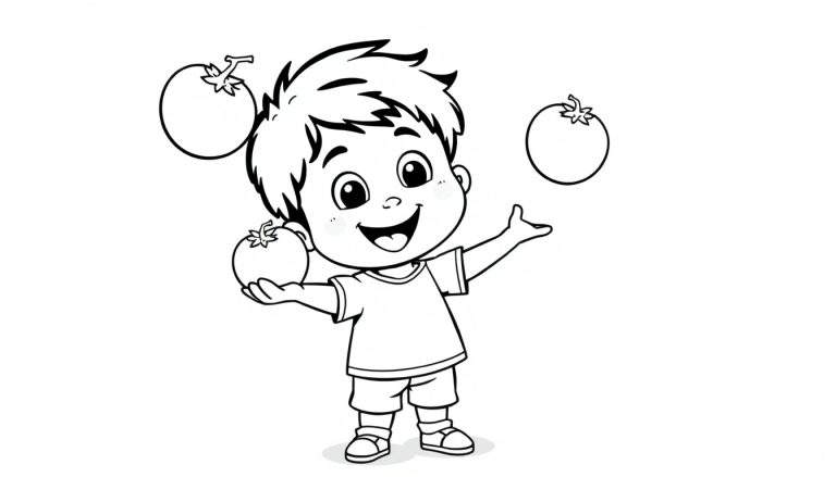 Zwart-wit kleurplaat van een jongen die jongleert met tomaten.