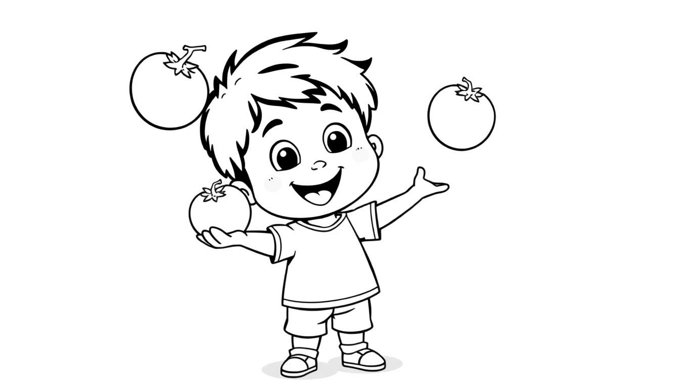 Zwart-wit kleurplaat van een jongen die jongleert met tomaten.