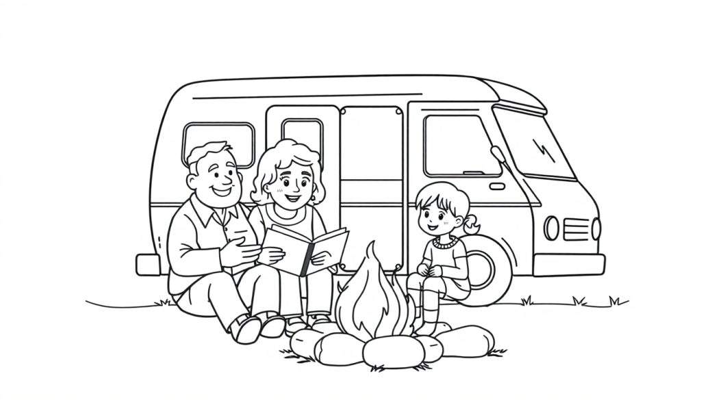 Een kleurplaat van een kampeerdersfamilie bij een kampvuur met hun camper.