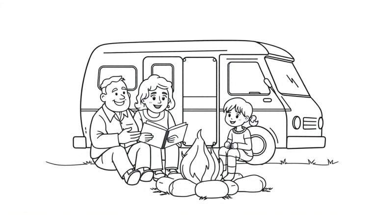 Een kleurplaat van een kampeerdersfamilie bij een kampvuur met hun camper.
